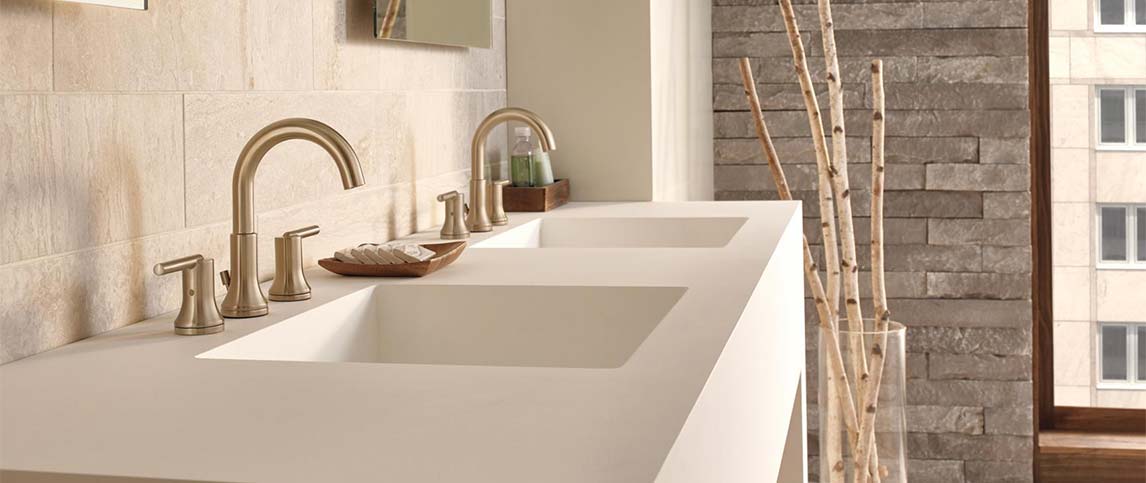 Inspired by an 1800s ad for a victorian corset, the bottom of the faucet is pulled in like a cinched corset, adding visual tension with elegant detailing. Champagne Bronze The New Gold Standard