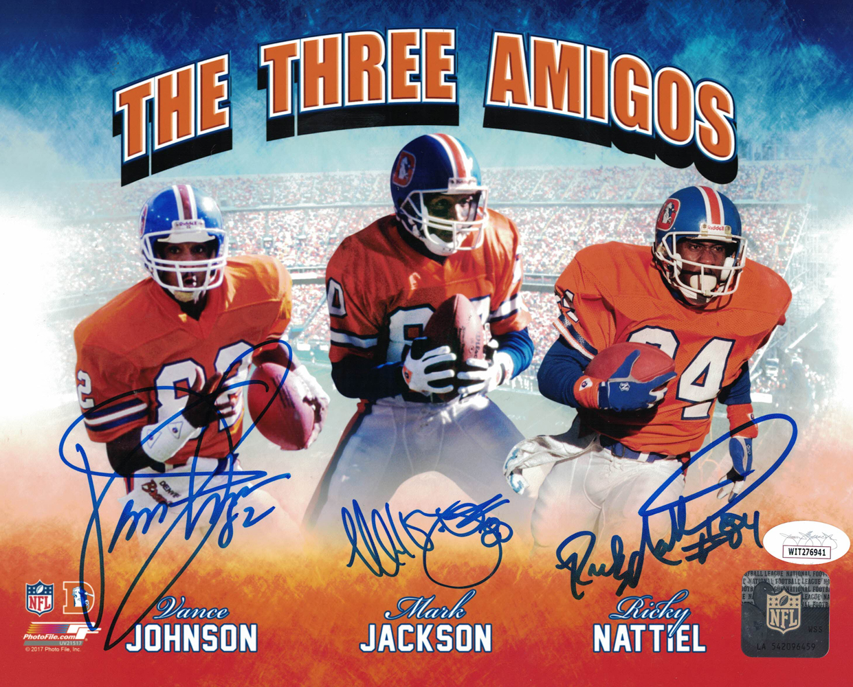 Three Amigos Autographed/Signed Denver Broncos 8×10 Photo JSA Denver