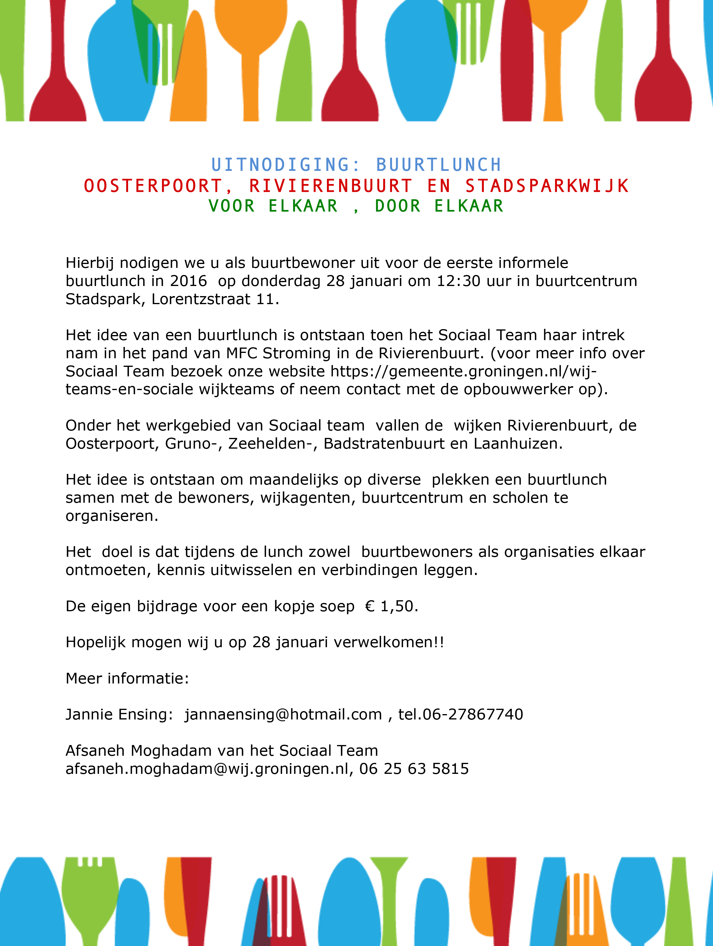 Uitnodiging voor een buurtlunch de Oosterpoorter