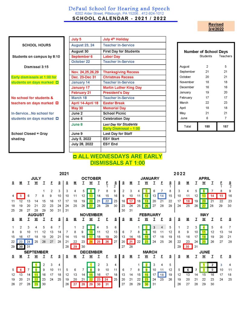 School Calendar DePaul School for Hearing and Speech