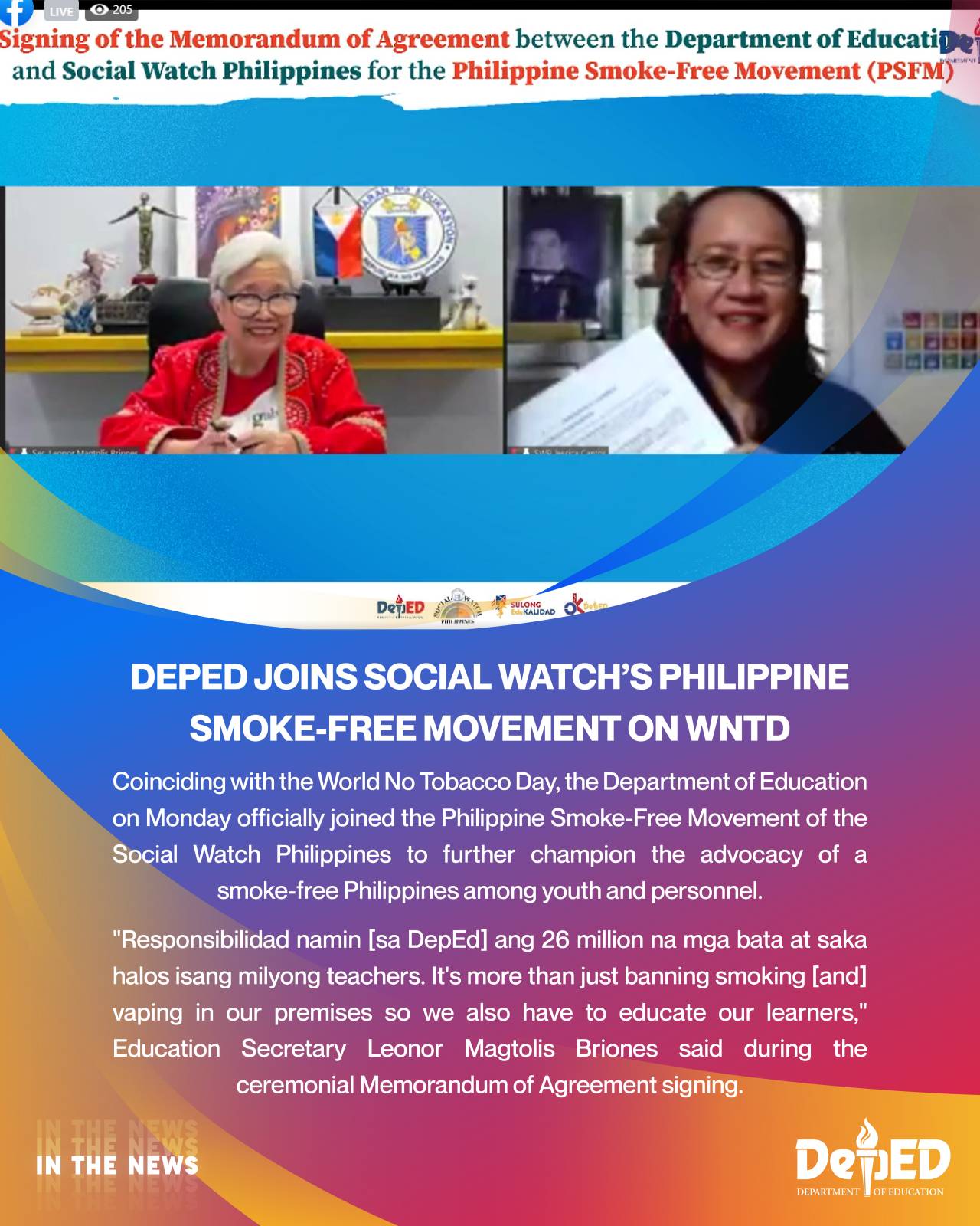 DepEd joins Social Watch’s Philippine SmokeFree Movement on WNTD