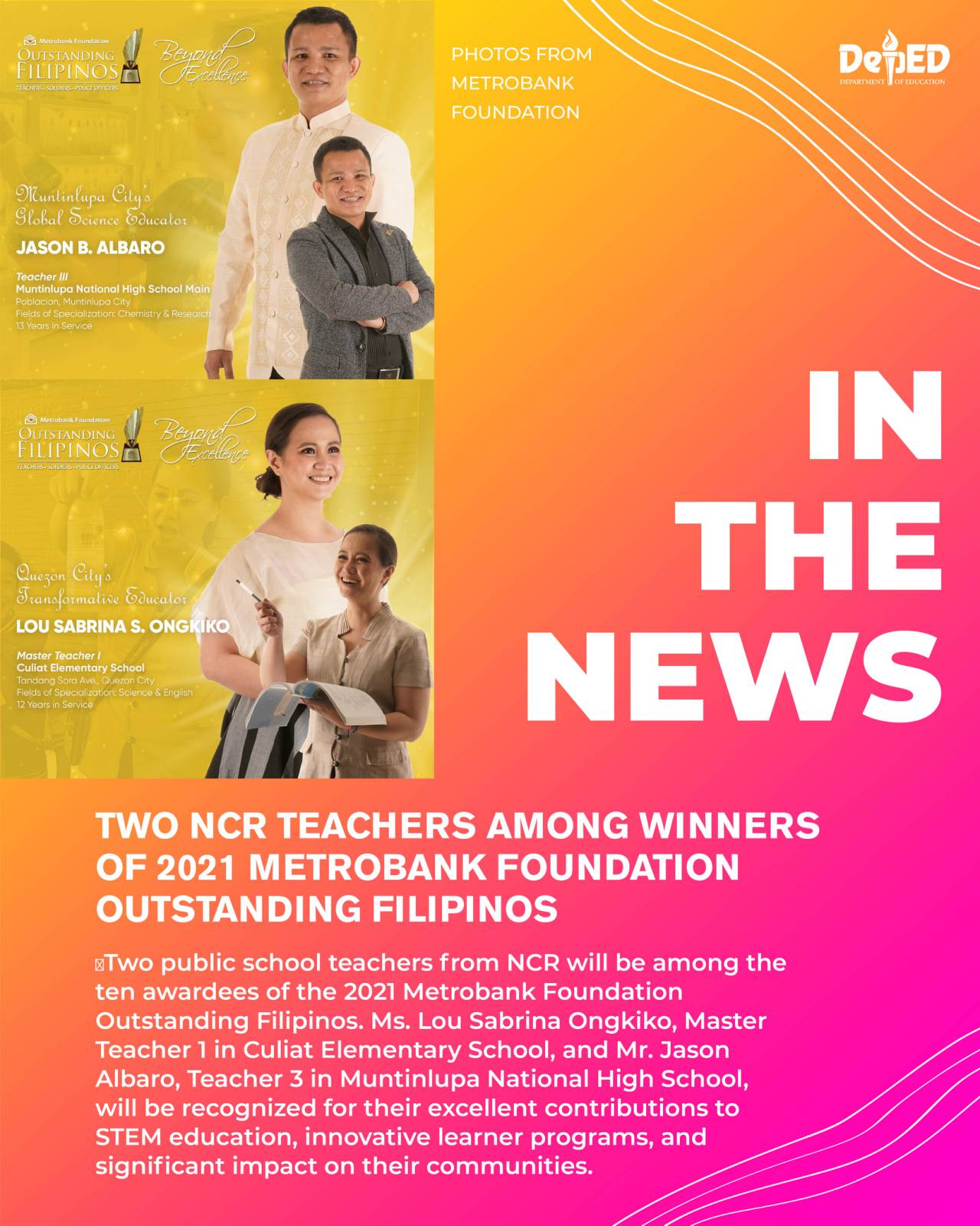 Two NCR teachers among winners of 2021 Metrobank Foundation Outstanding