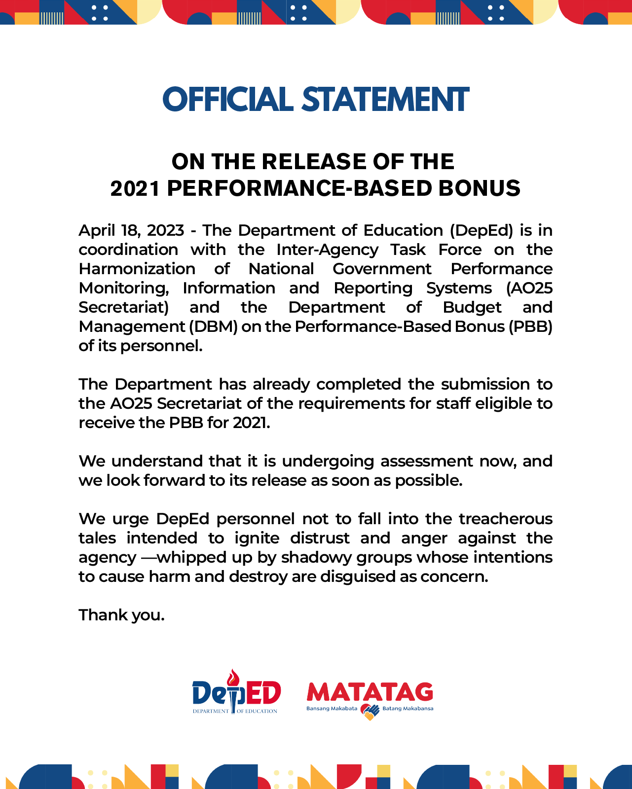 On the release of the 2021 PerformanceBased Bonus Department of Education