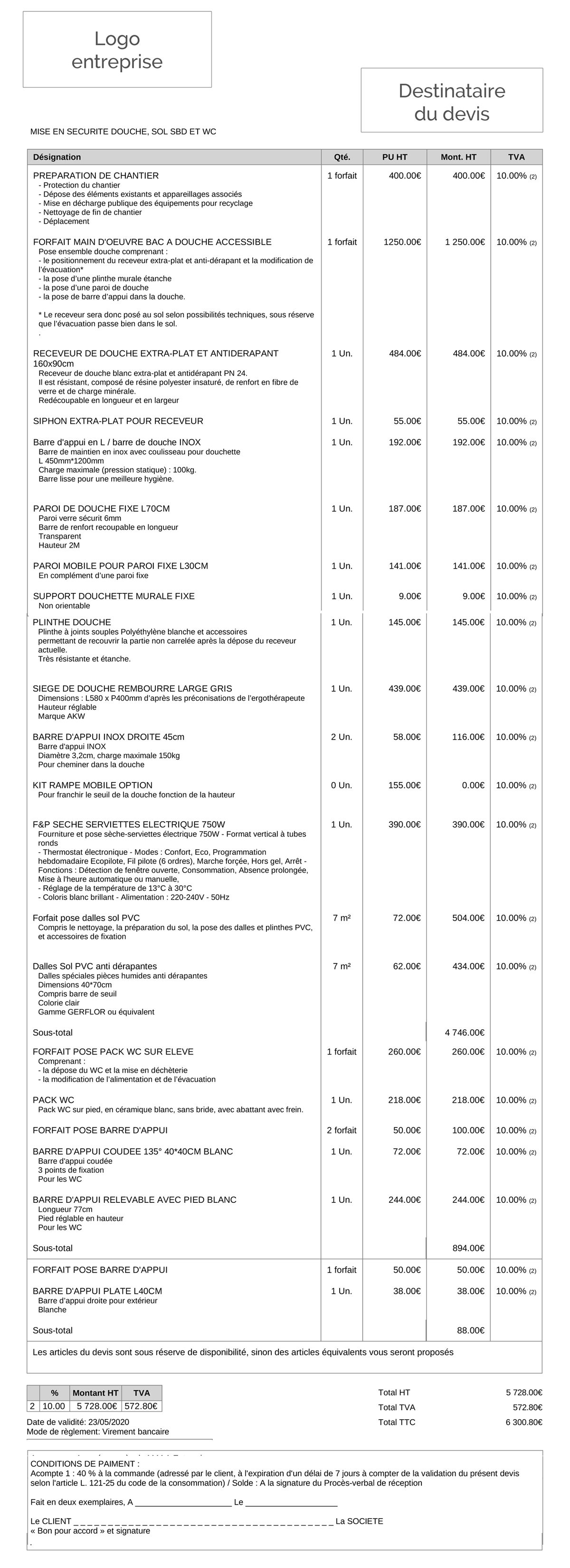 Douche à l'italienne exemples de devis de douche