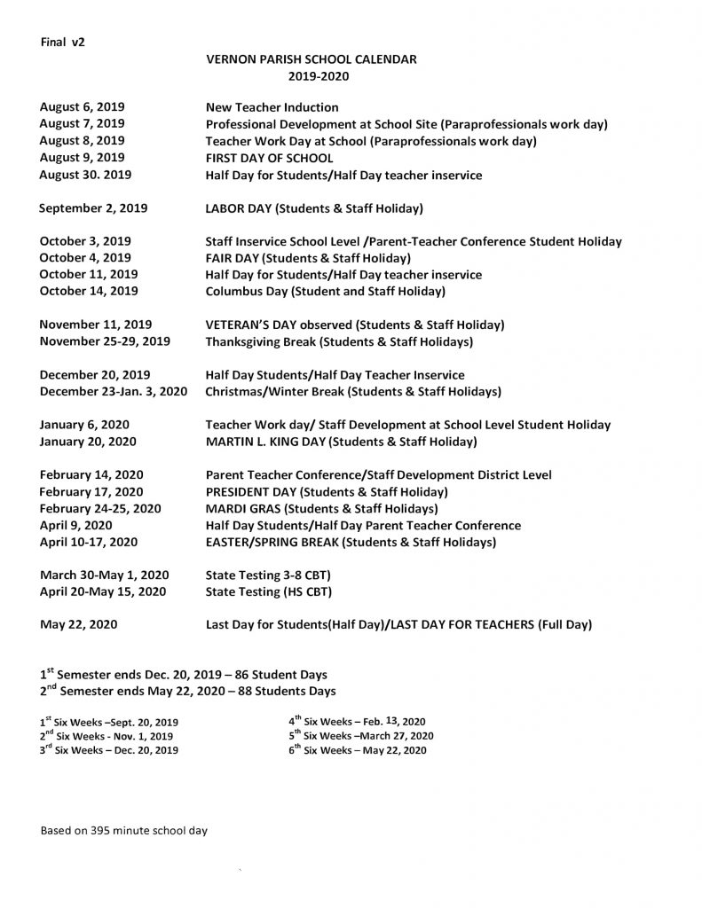 Vernon Parish School Calendar 20172018 They added a week!