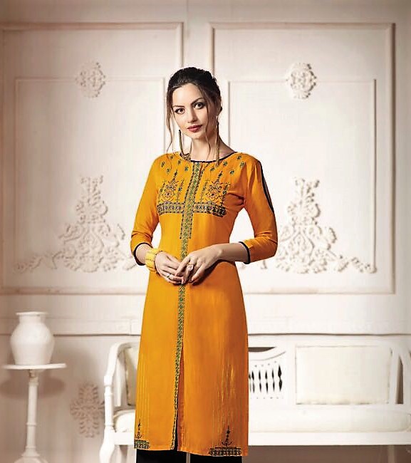 Yellow Rayon Cotton Kurti with Green & Blue Embroidery (XL) 34066