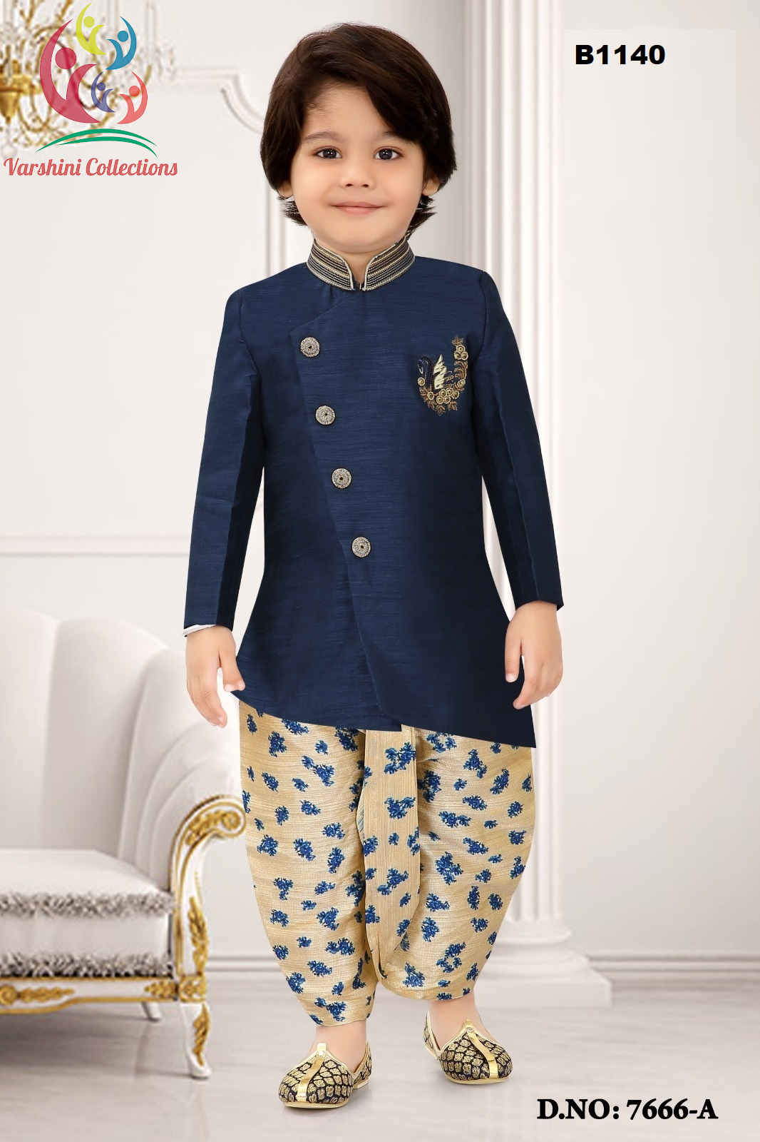 Navy Blue Jodhpuri Suit w/ Off white Floral Dothi for 6 Months to 11