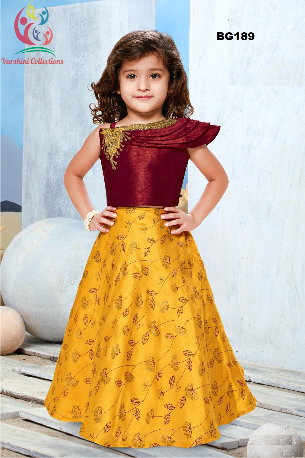Maroon and Mustard Yellow Designer Lehenga Choli for Baby Girls 41510