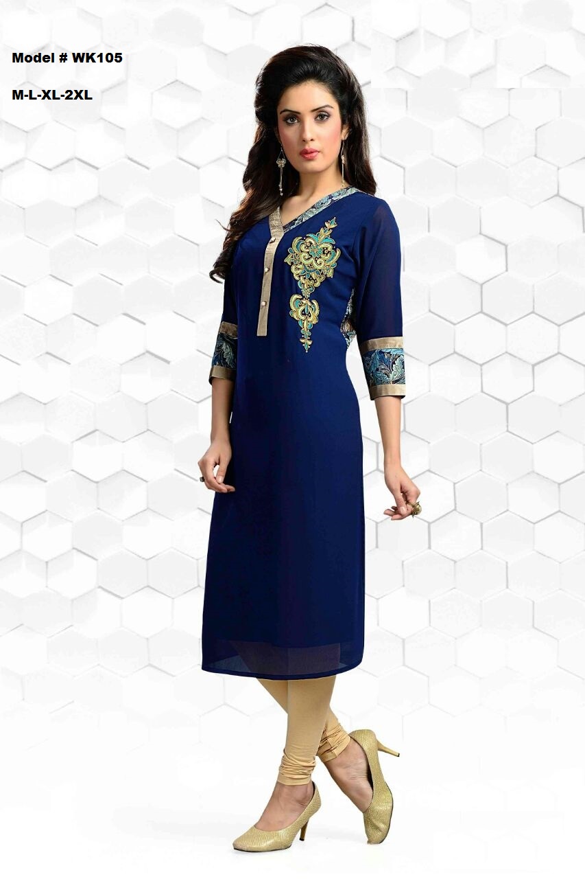 Stunning Designer Blue Embroidered Kurti w/ Beige Stripe 27405 Buy Indian Kurtis & Tunics Online
