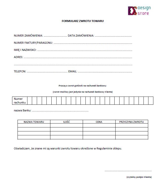 formularz zwrotu yoshe Formularz zwrotu towaru docer formularz 25
