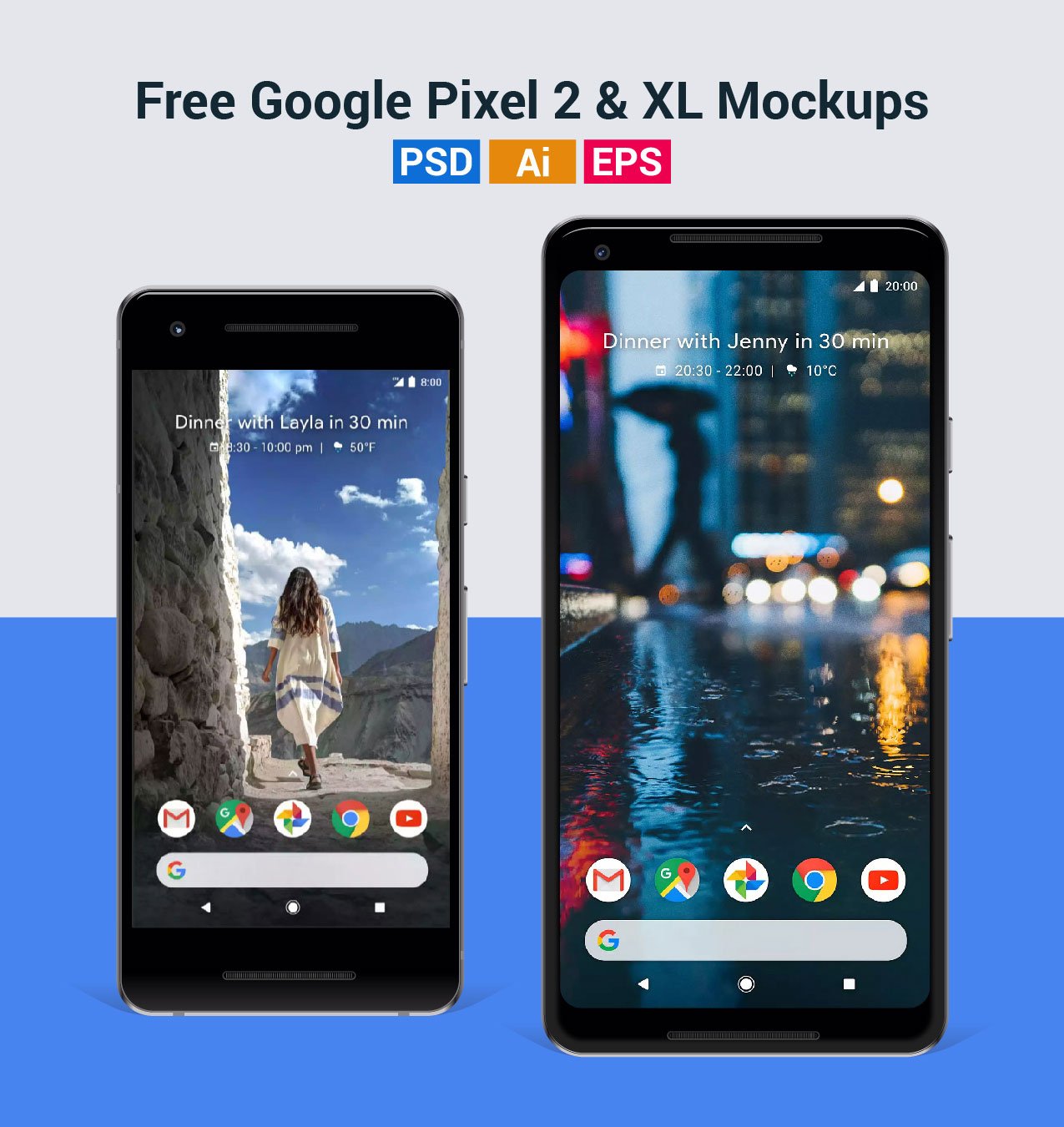 Free Vector Google Pixel 2 & Pixel 2 XL Mockup in PSD, Ai