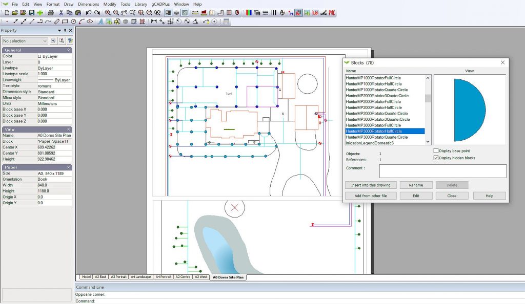 Commercial irrigation symbols for use in gCADPlus landscape software.