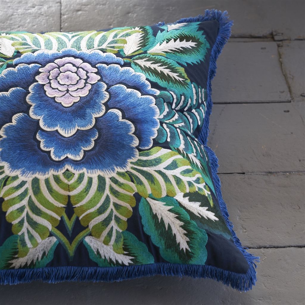 Rose De Damas Embroidered Indigo Cotton Cushion Designers Guild