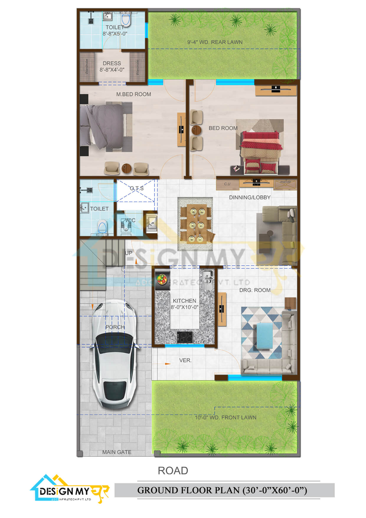 30X60 (1800 Sqft) Duplex House Plan, 2 BHK, South East Facing Facing