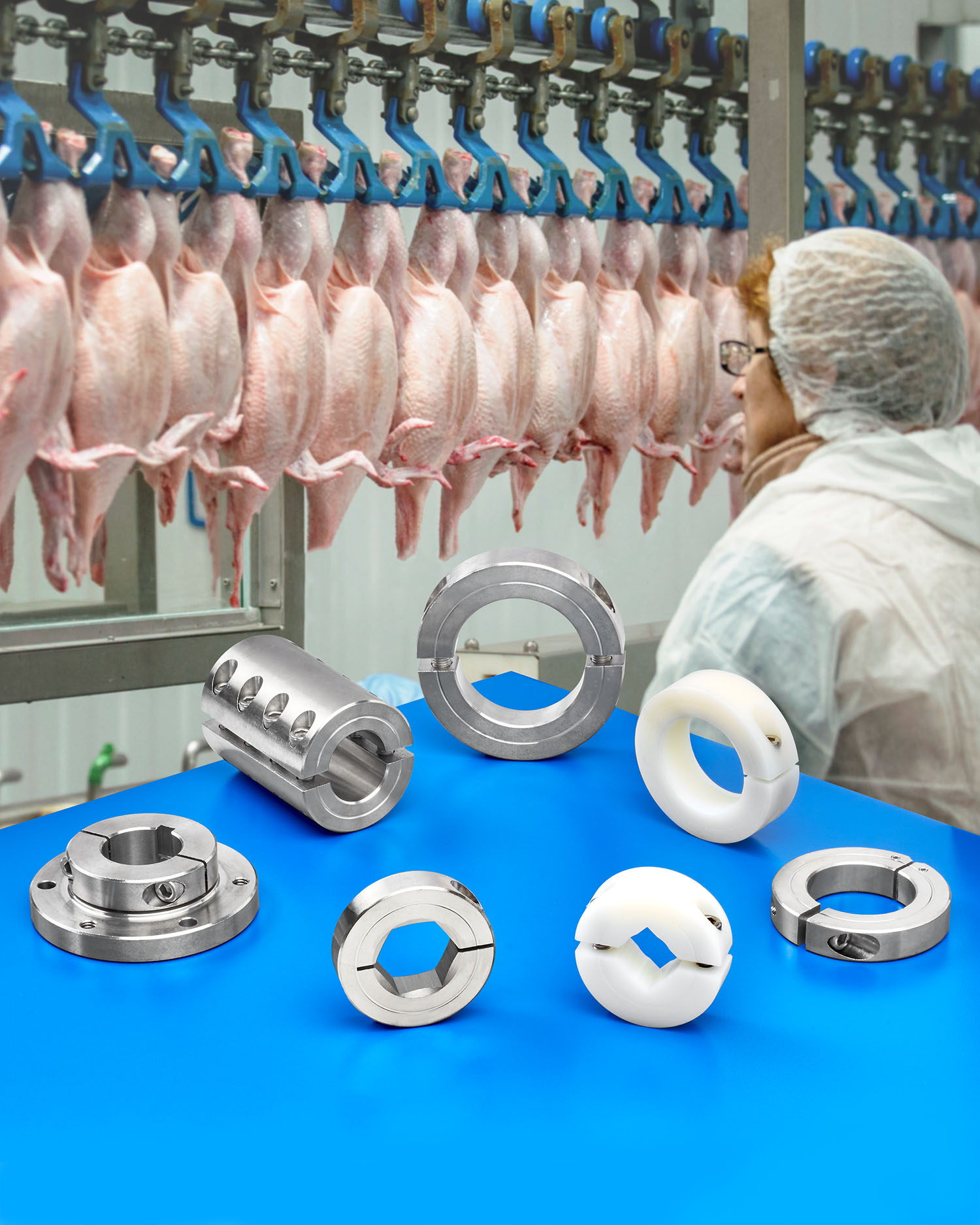 Shaft collars and couplings for poultry and meat processing