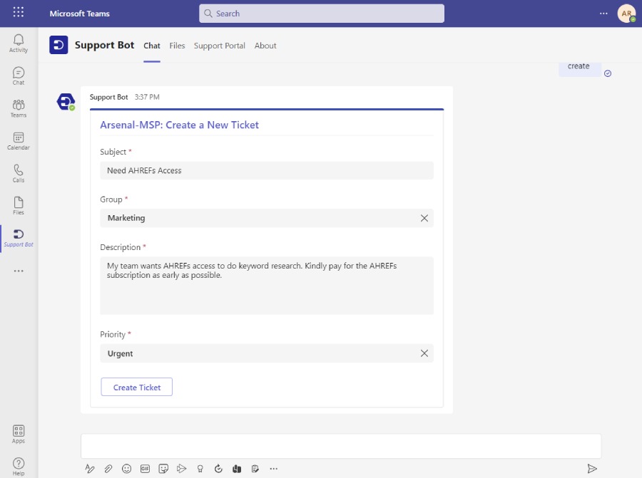 Desk365 Support Bot for Microsoft Teams