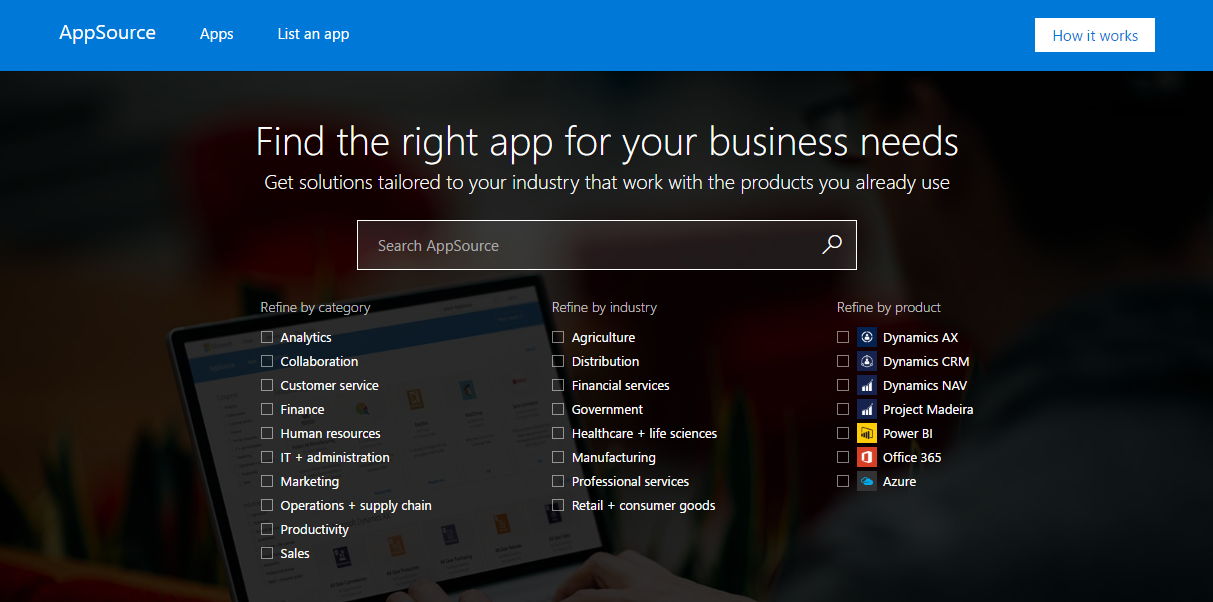 Microsoft AppSource im Video App Store Suche für Geschäftskunden