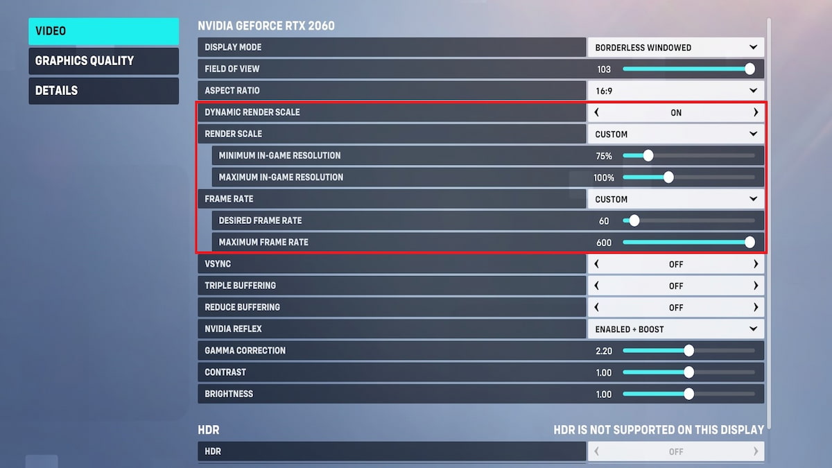 Settings menu for Overwatch 2 with dynamic render resolution highlighted