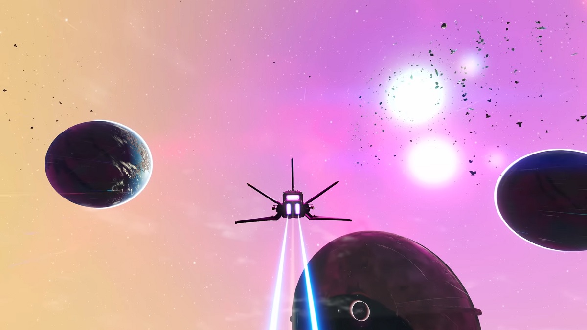 No Man&rsquo;s Sky: a spaceship flying through a beautifully bright bit of space.