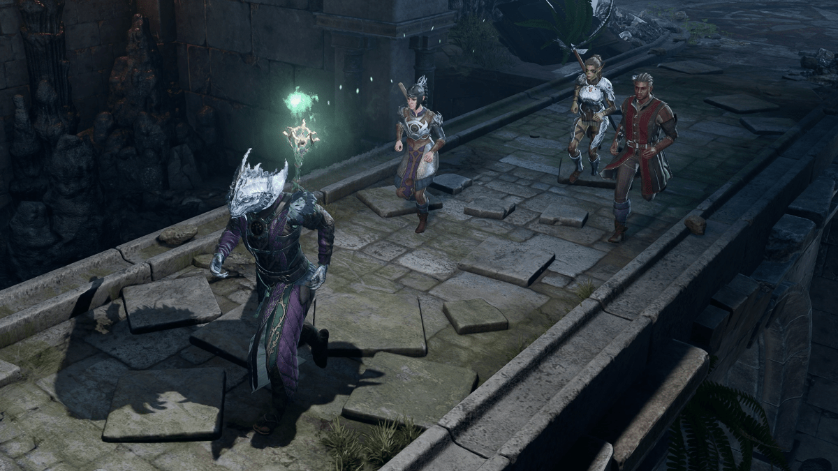 Dragonborn, Shadowheart, Lae&rsquo;Zel, and Wyll running across bridge