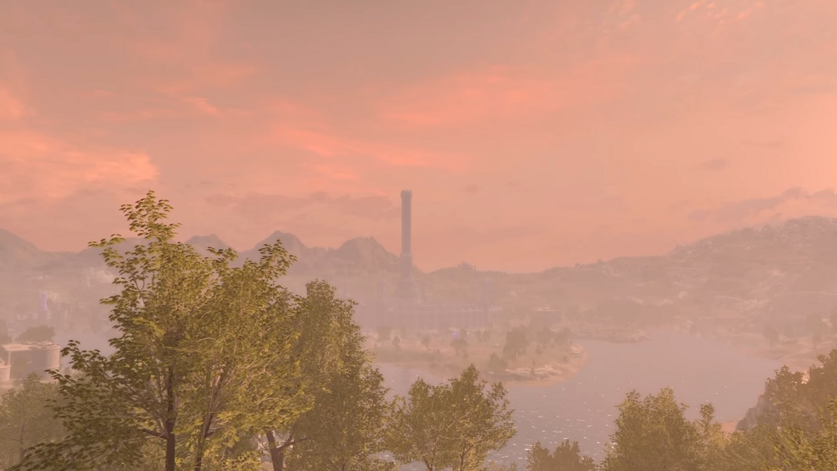 Beyond Skyrim: the Imperial City&rsquo;s tower can be seen in the far distance.