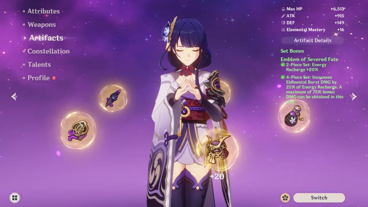 Genshin Impact&rsquo;s Artifact Equipment screen with Raiden