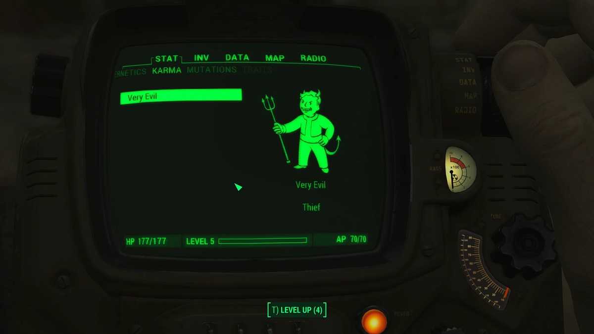Fallout 4: a close-up of the Pip-Boy screen, showing the player&rsquo;s karma level as &ldquo;very evil.&quot;