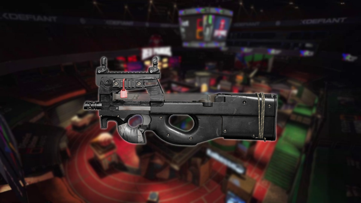The P90 in front of a blurred out image of XDefiant&rsquo;s Stadium map.