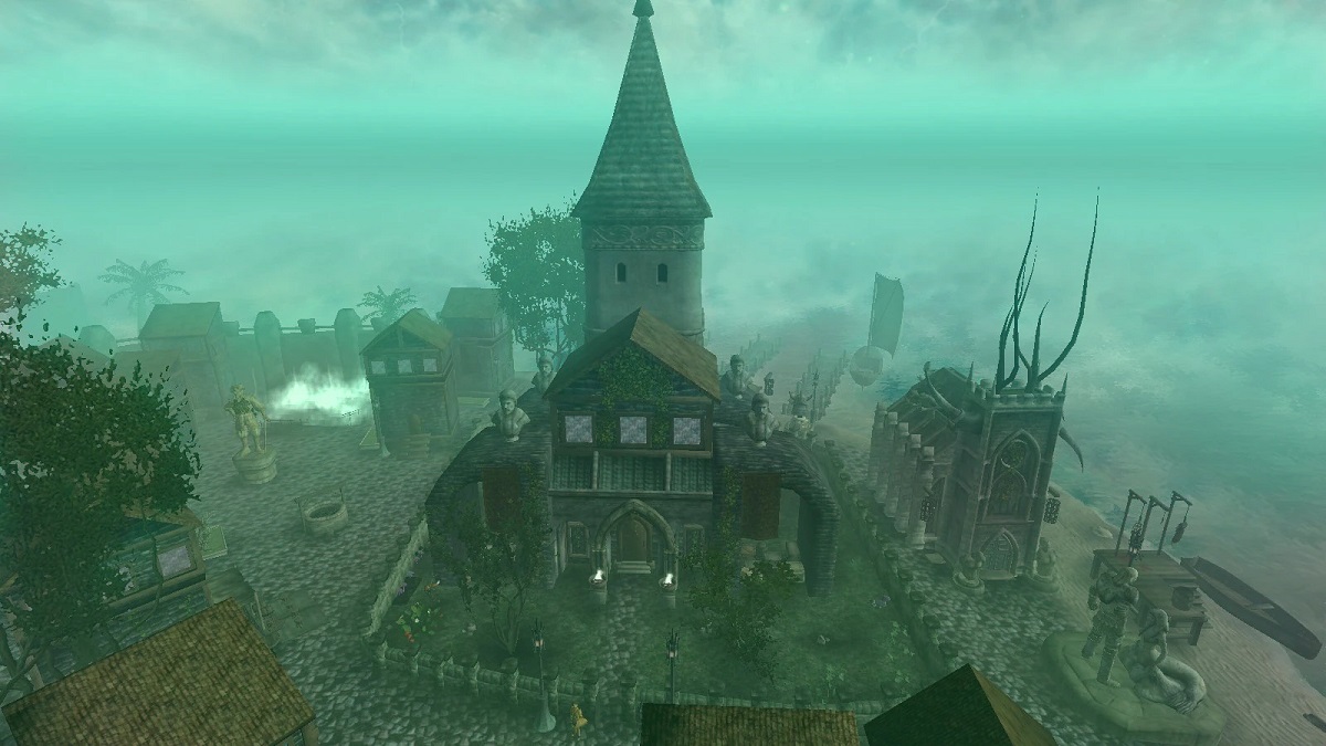 Oblivion: image from the Citadel of Madness mod, showing a creepy church in a mysterious village that&rsquo;s covered in a green fog.