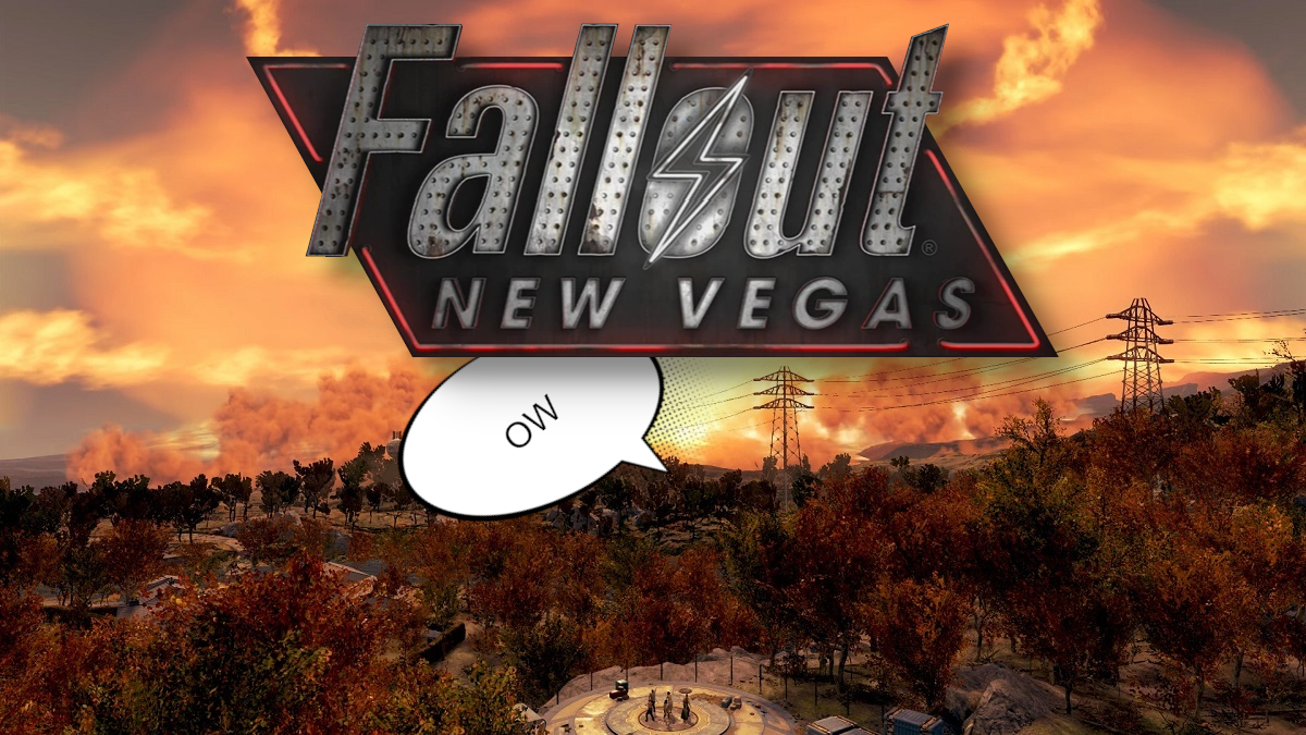 Fallout New Vegas logo with an nuclear explosion in the background and the words &ldquo;ow&rdquo; written in a speech bubble.