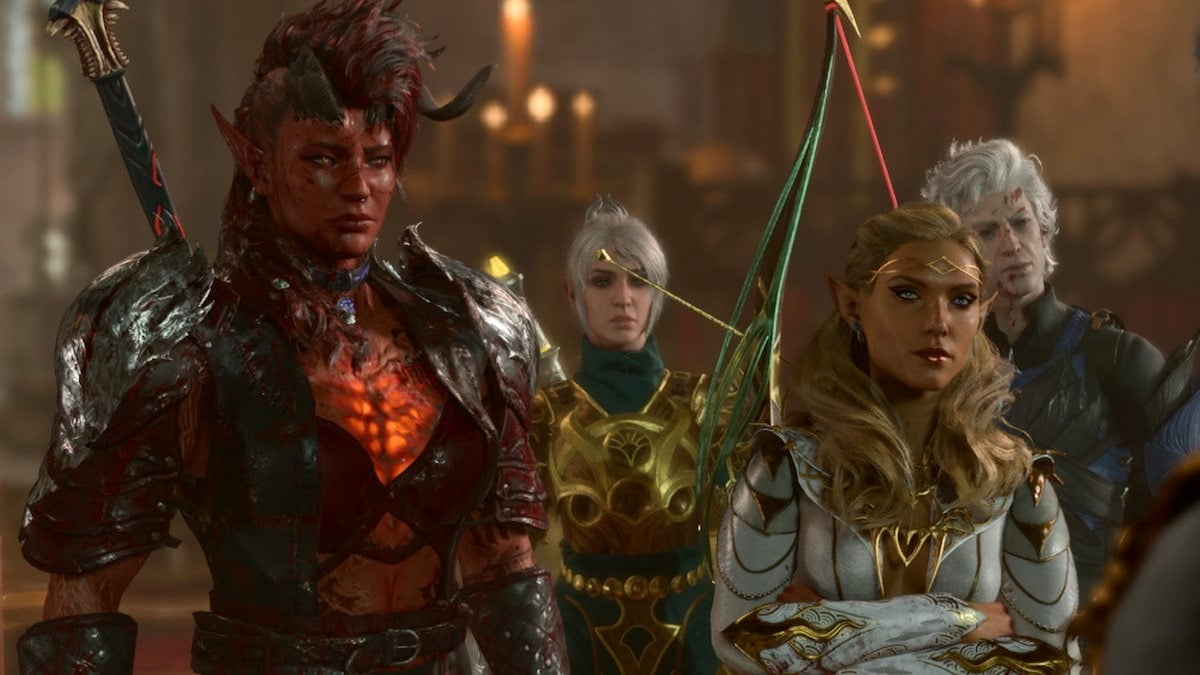A group of four inclduign Tav, Karlach, Shadowheart, and Asatrion wearing modded clothes and armor in Baldur&rsquo;s Gate 3