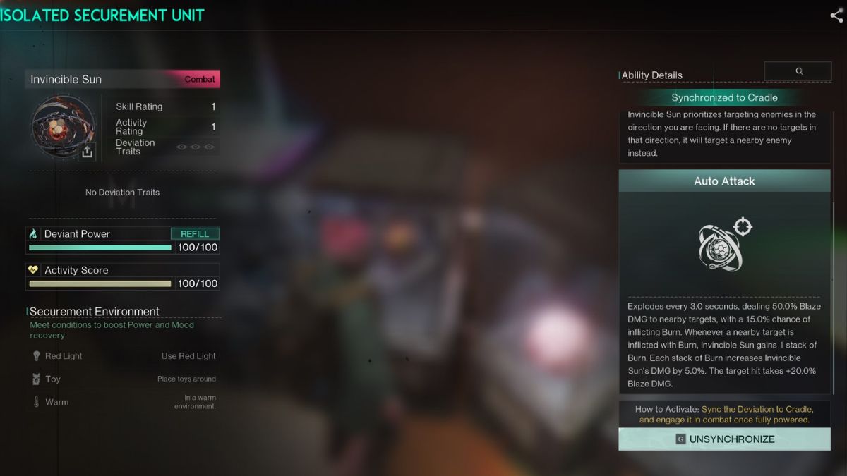 The Invincible Sun Deviation in a Securement Unit at a player&rsquo;s base in Once Human The Way of Winter.