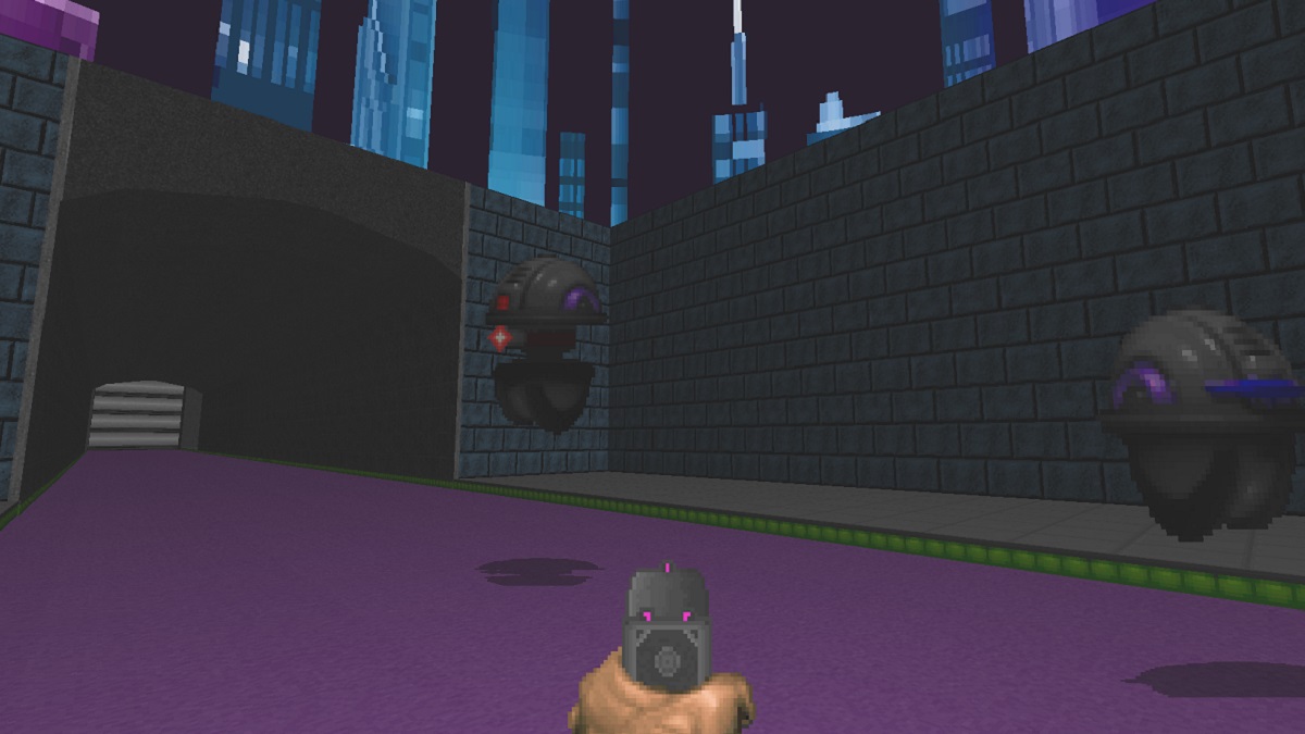 A Doom 2 level but it&rsquo;s in neon, such as a bright, purple floor.