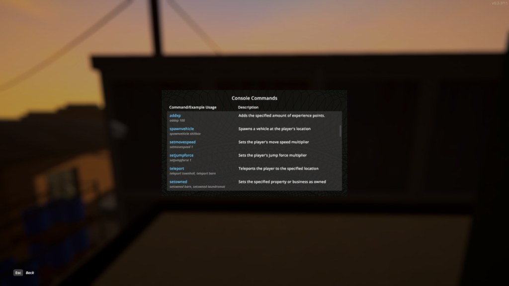 A menu in Schedule 1 called Console Commands, showing some of the cheats in Schedule 1
