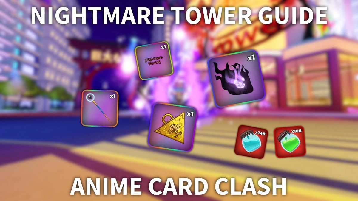 A player standing near the Tower building in the main lobby of the Anime Card Clash Roblox experience with the rewards from the Nightmare Tower challenge event around them
