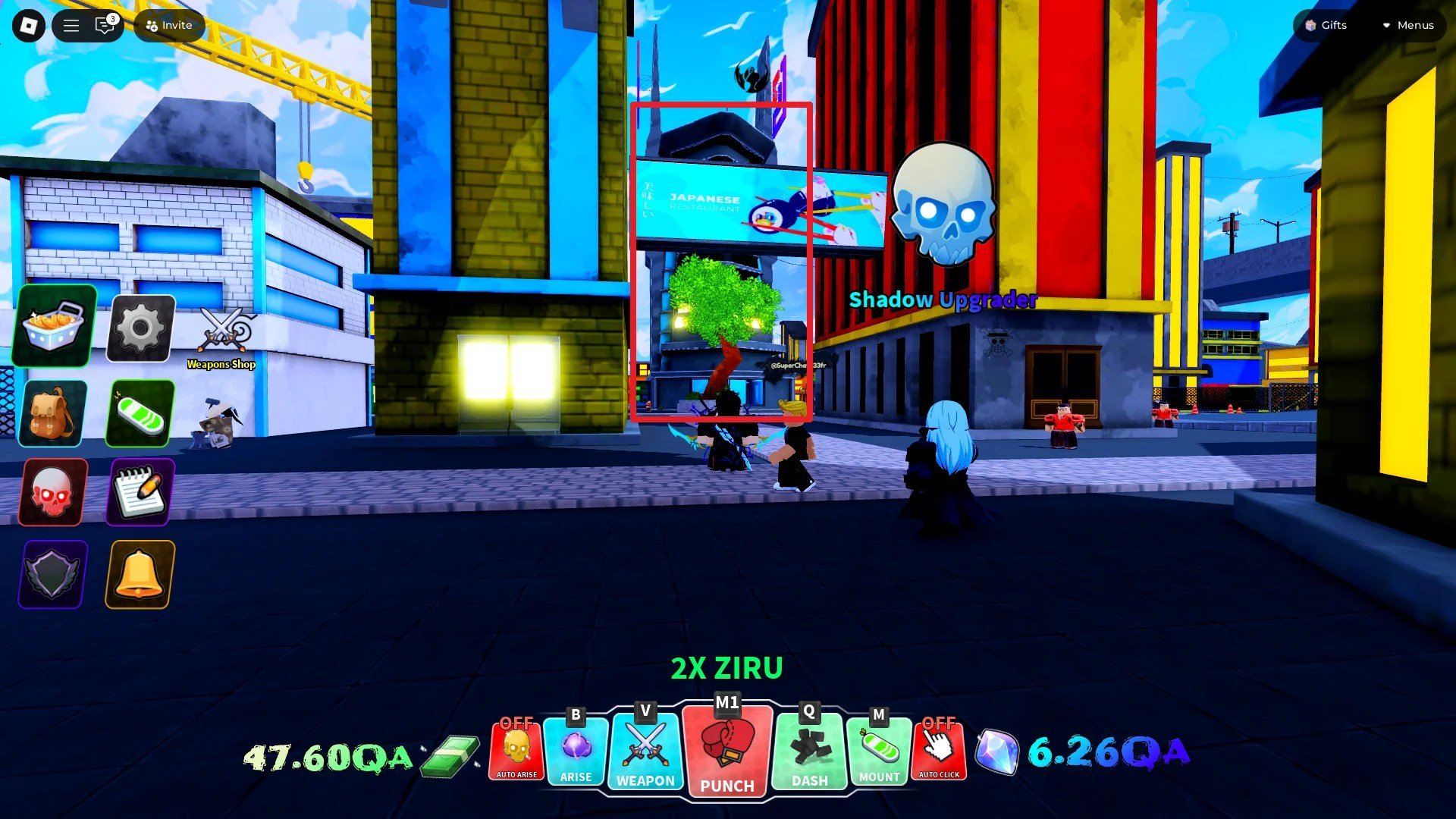 A player showing the location of the Guild building in the Arise Crossover Roblox experience