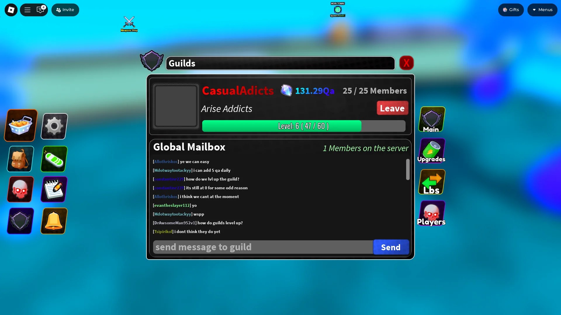 Preview of the Guild menu in Arise Crossover Roblox experience