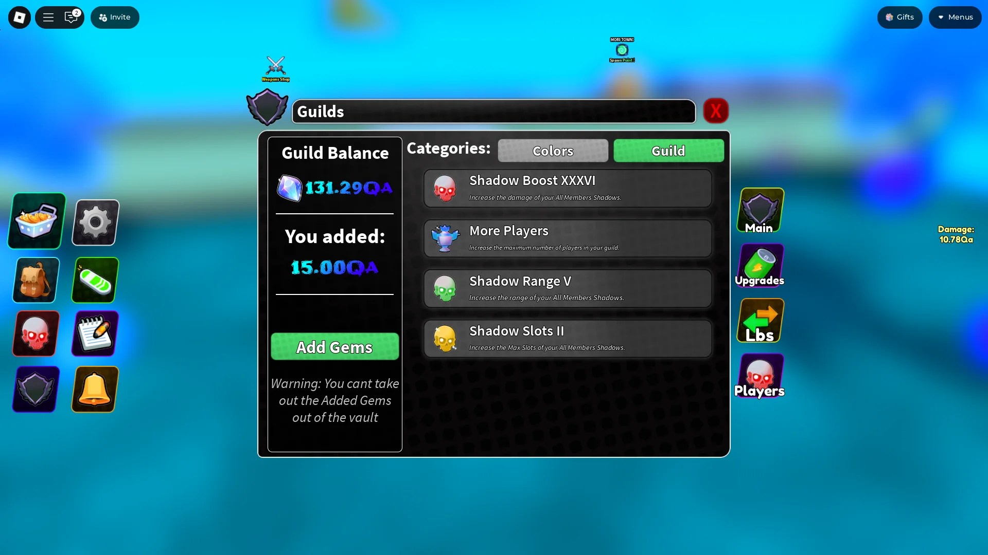Preview of the Guild Upgrades menu in the Arise Crossover Roblox experience