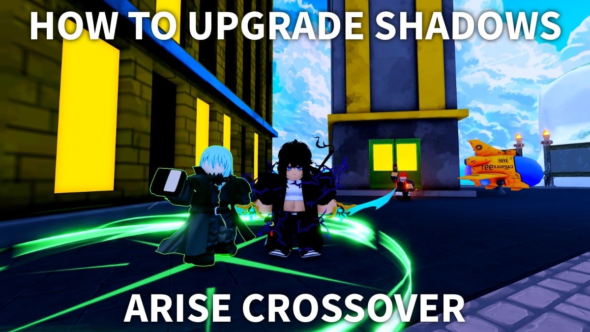 A player standing next to the Shadow Upgrader NPC in Solo City in the Arise Crossover Roblox experience