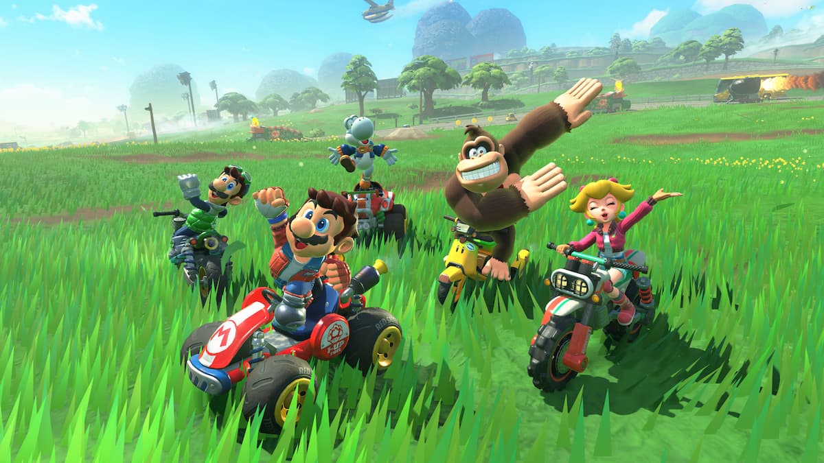 Mario Kart World characters driving on grass