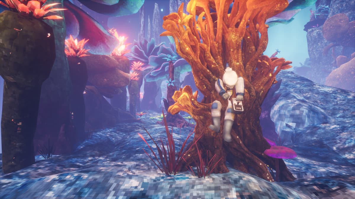 A man caught in an alien tree in Abiotic Factor.