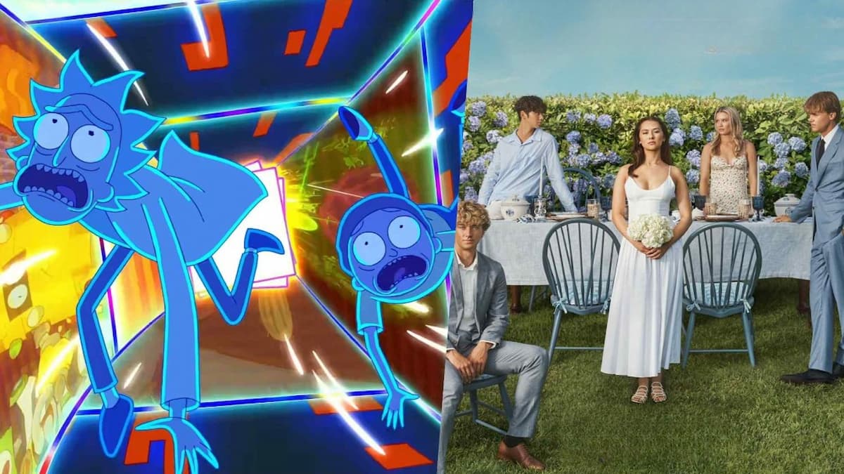 Rick and morty falling through colorful space and Belly, Conrad, jere, Taylor, and Steven gathered around a table outside in the summer i turned pretty