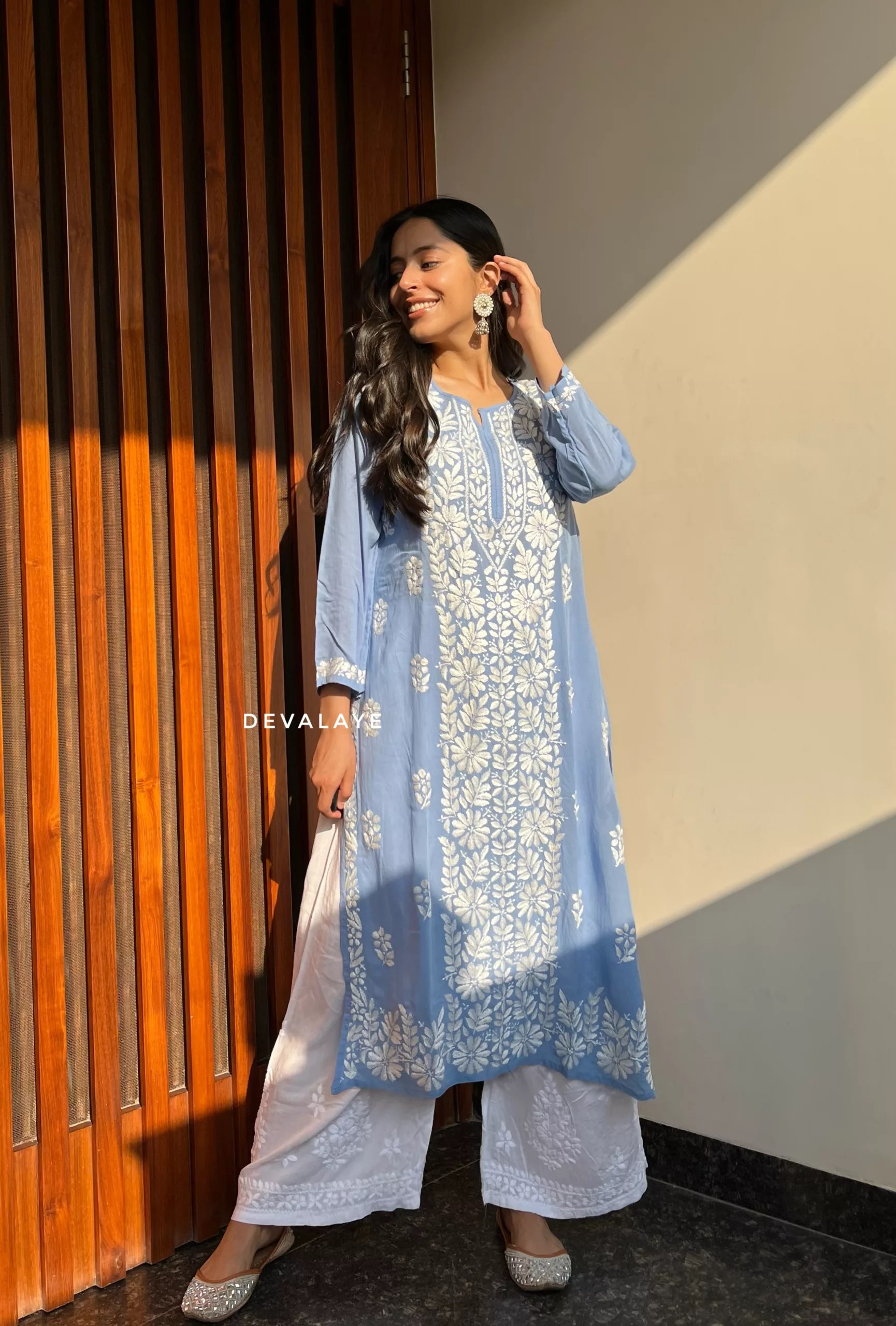 TARA Blue Chikankari Kurta Set Devalaye Full Set