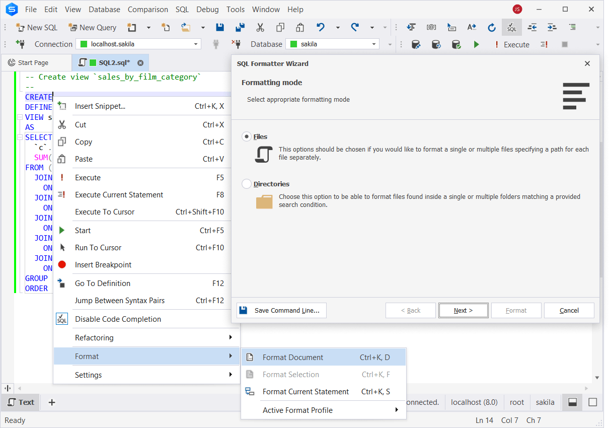 Code snippets and code formatting features in Studio for MySQL