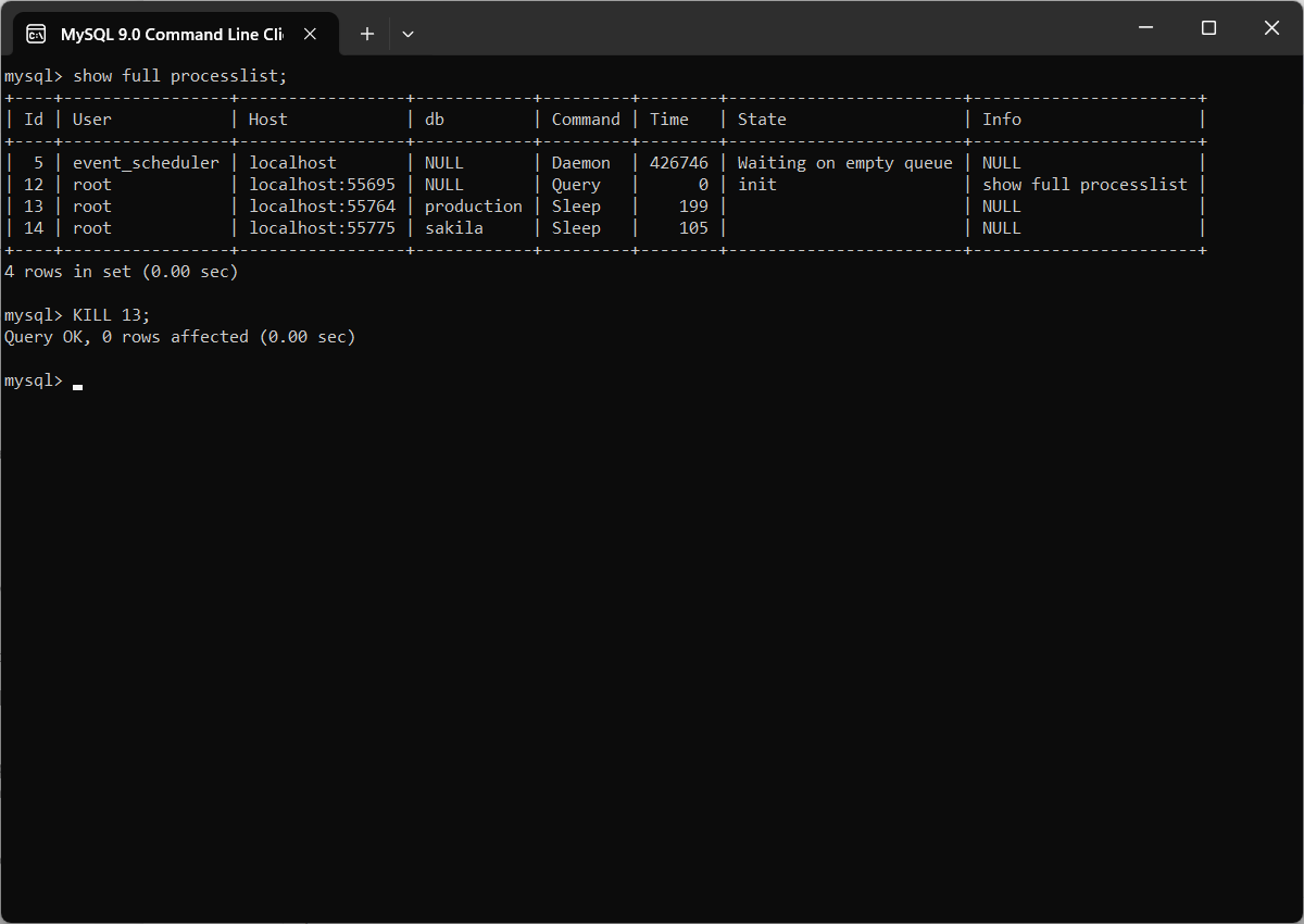 How to show running queries in MySQL Processlist?