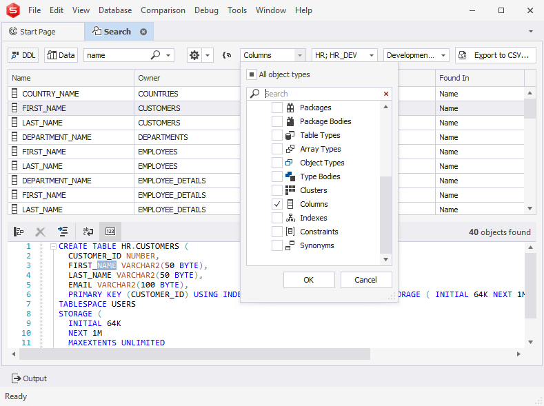 Find Object for Oracle Search column name, string or find table size