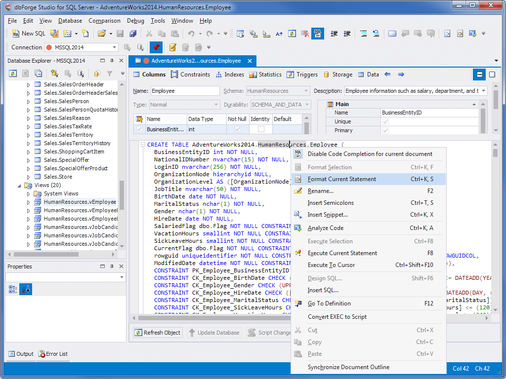 Table designer visual table editor for SQL database