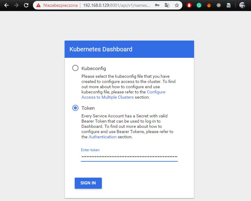 Single Node Cluster Deploying Dashboard