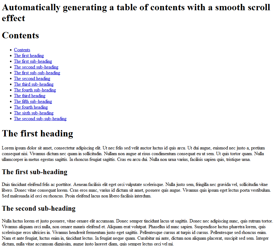 Automatically generating a table of contents with a smooth scroll