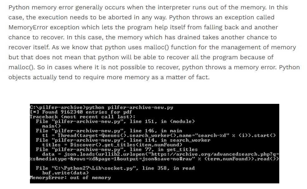 How to handle Python Memory Error Developer Helps